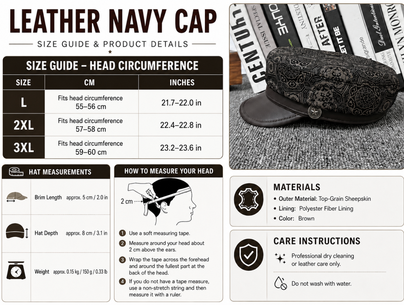 Genuine Leather Navy Cap with Patterned Crown