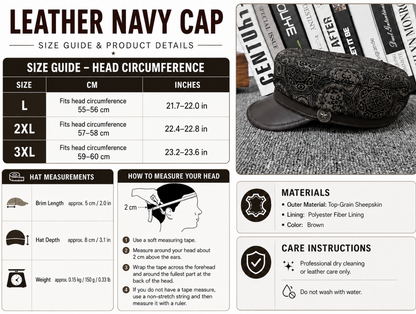 Genuine Leather Navy Cap with Patterned Crown