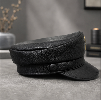 Genuine Leather Navy Cap with Gold Star Badge
