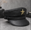 Genuine Leather Navy Cap with Gold Star Badge