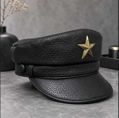 Genuine Leather Navy Cap with Gold Star Badge