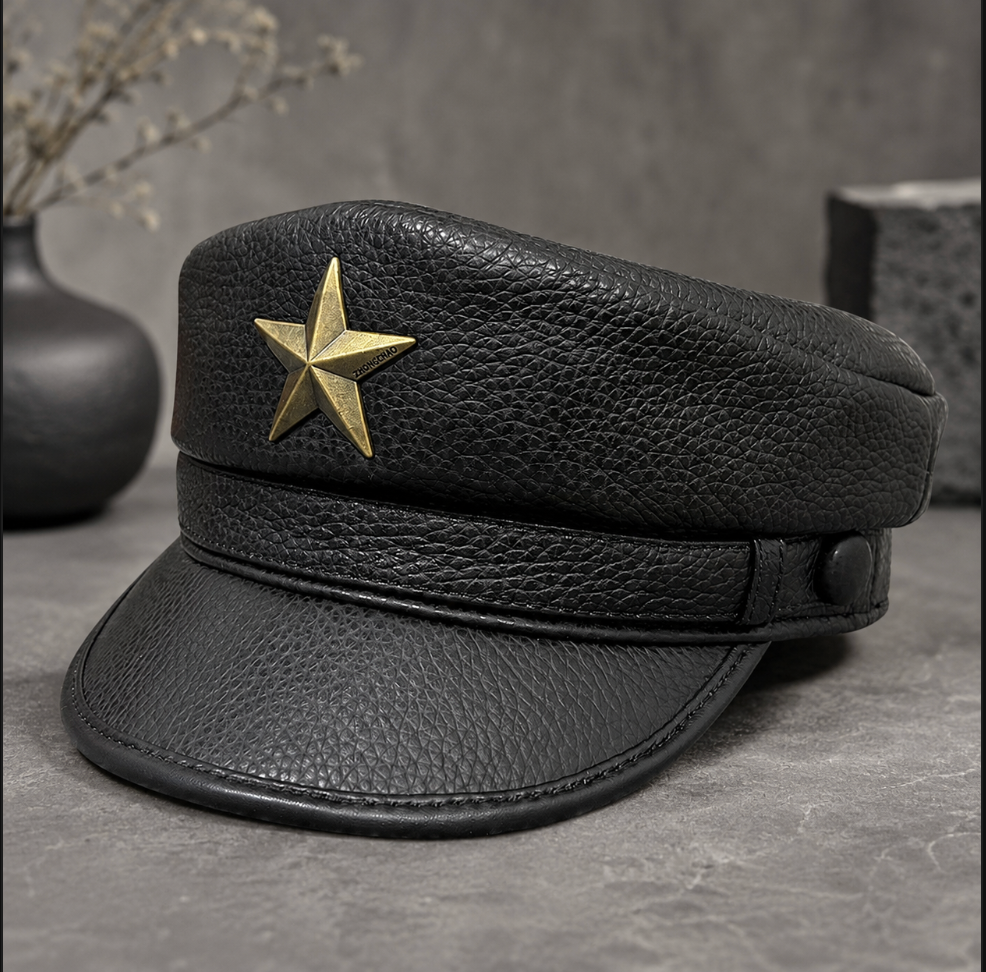 Genuine Leather Navy Cap with Gold Star Badge