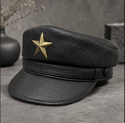 Genuine Leather Navy Cap with Gold Star Badge