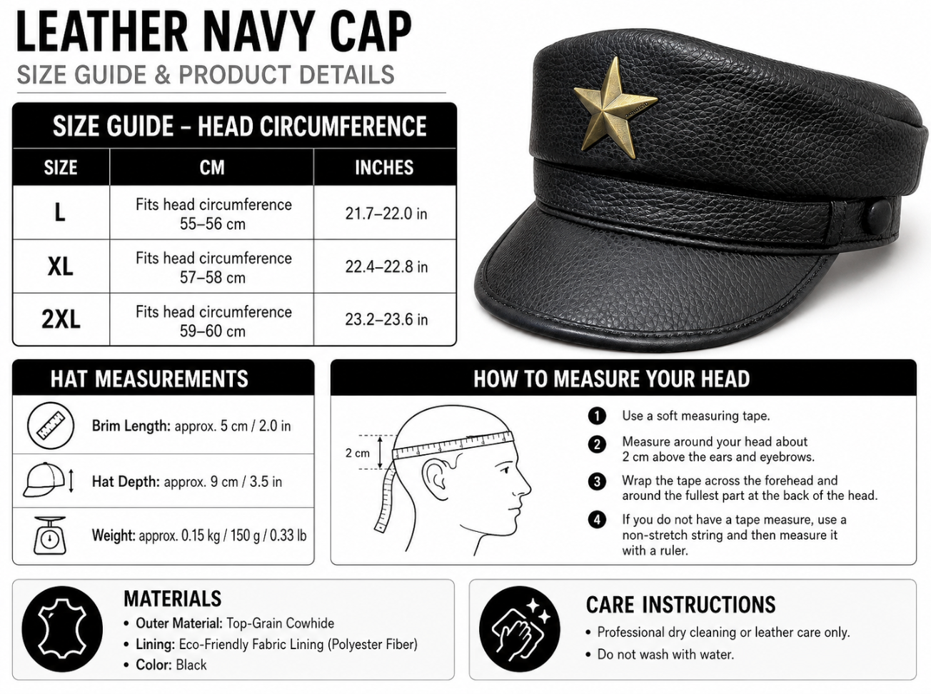 Genuine Leather Navy Cap with Gold Star Badge