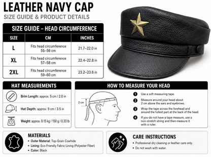 Genuine Leather Navy Cap with Gold Star Badge