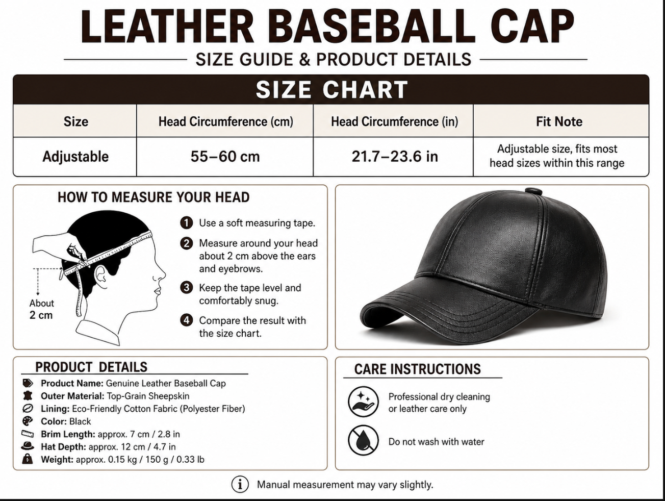 Men’s Genuine Leather Baseball Cap with Five Star Badge
