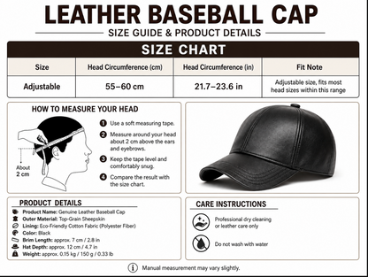 Men’s Genuine Leather Baseball Cap with Five Star Badge