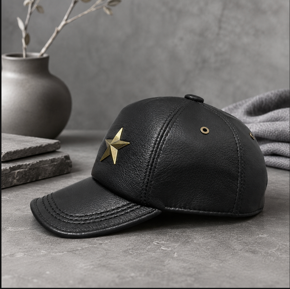 Men’s Genuine Leather Baseball Cap with Five Star Badge