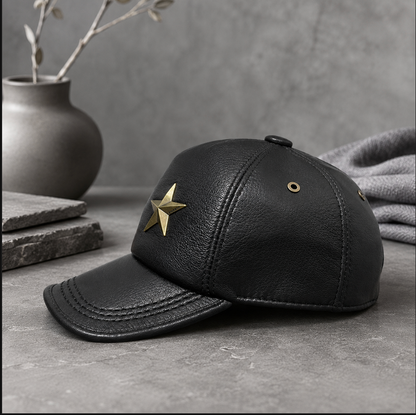 Men’s Genuine Leather Baseball Cap with Five Star Badge