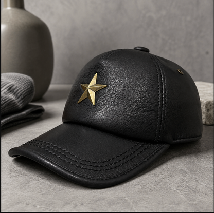 Men’s Genuine Leather Baseball Cap with Five Star Badge