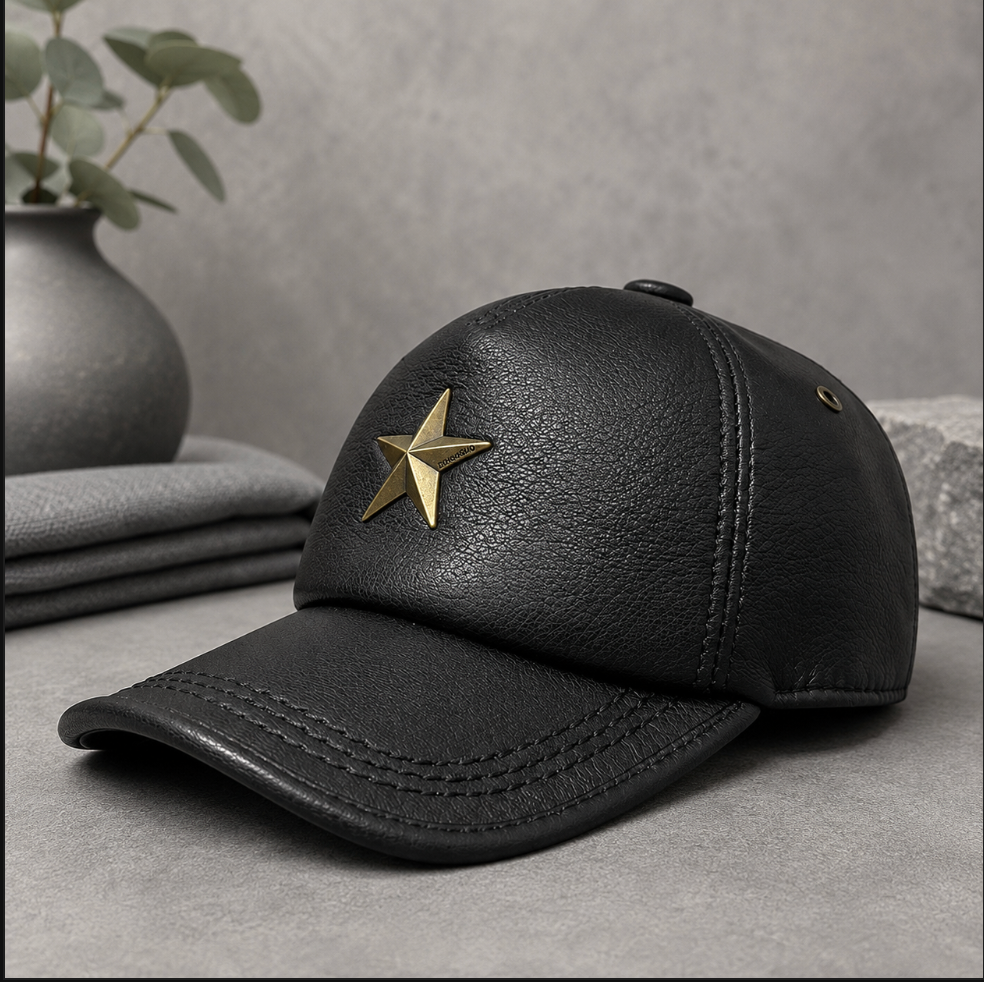 Men’s Genuine Leather Baseball Cap with Five Star Badge
