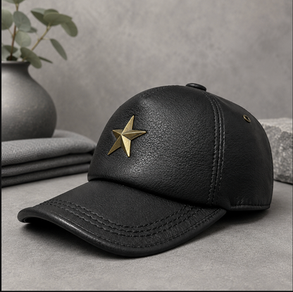 Men’s Genuine Leather Baseball Cap with Five Star Badge