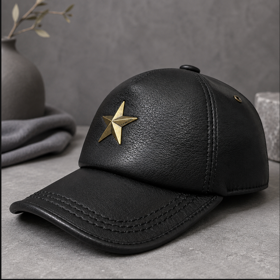 Men’s Genuine Leather Baseball Cap with Five Star Badge