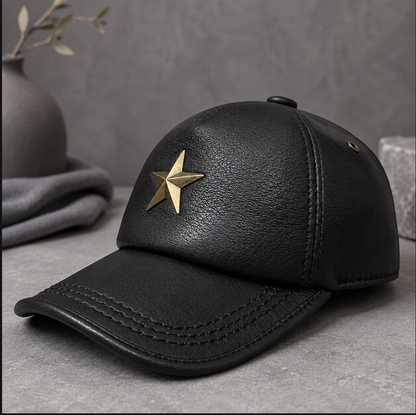 Men’s Genuine Leather Baseball Cap with Five Star Badge