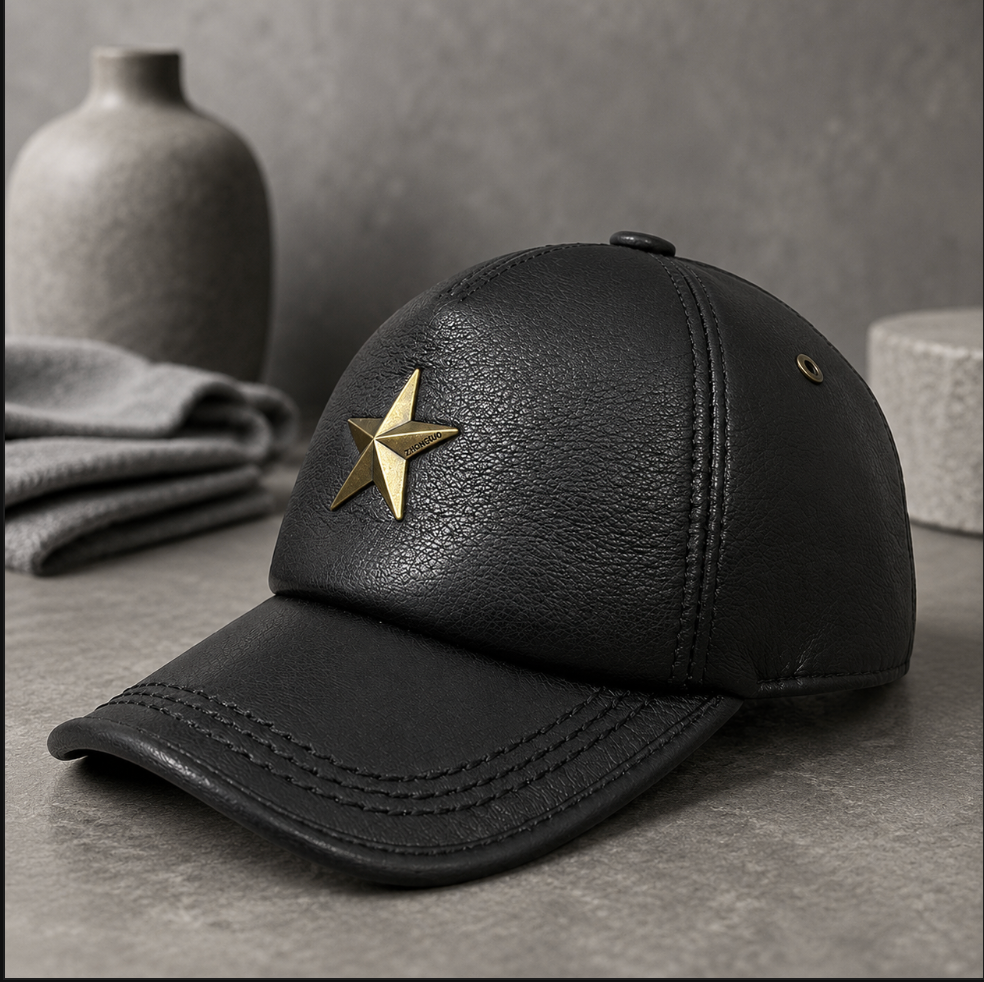 Men’s Genuine Leather Baseball Cap with Five Star Badge