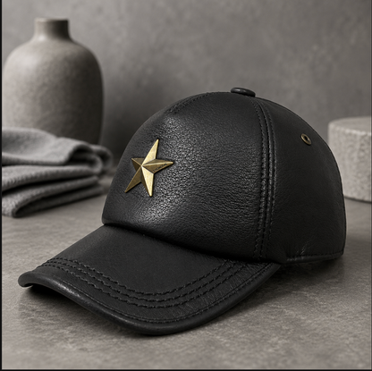Men’s Genuine Leather Baseball Cap with Five Star Badge