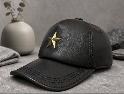 Men’s Genuine Leather Baseball Cap with Five Star Badge
