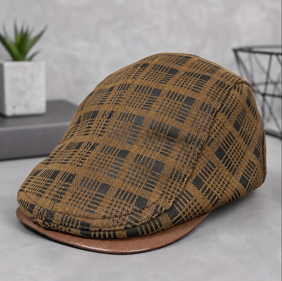 Genuine Leather Duckbill Cap in Printed Suede Sheepskin Brown L