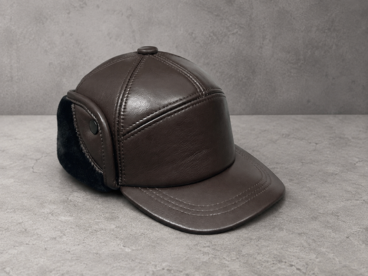 Men’s Genuine Leather Winter Cap with Ear Flaps Brown L