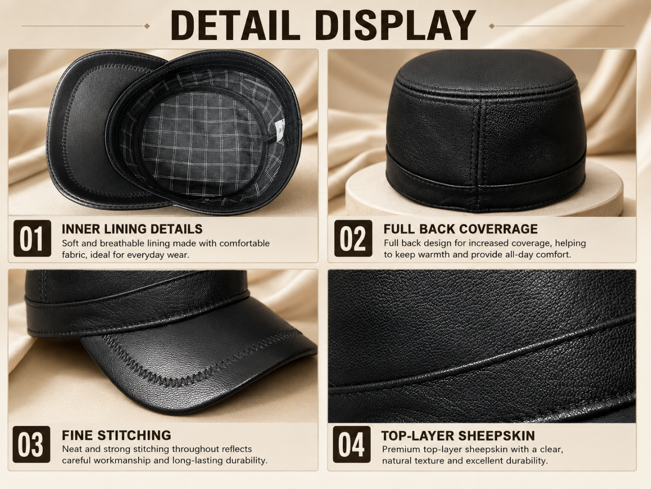 Genuine Sheepskin Leather Military Flat Top Cap