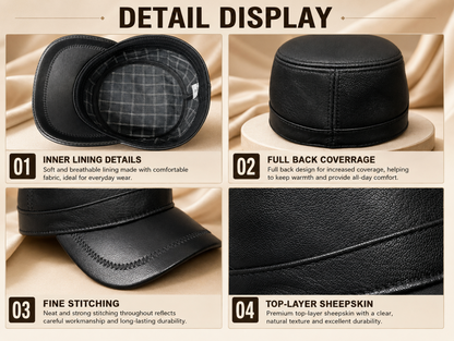 Genuine Sheepskin Leather Military Flat Top Cap