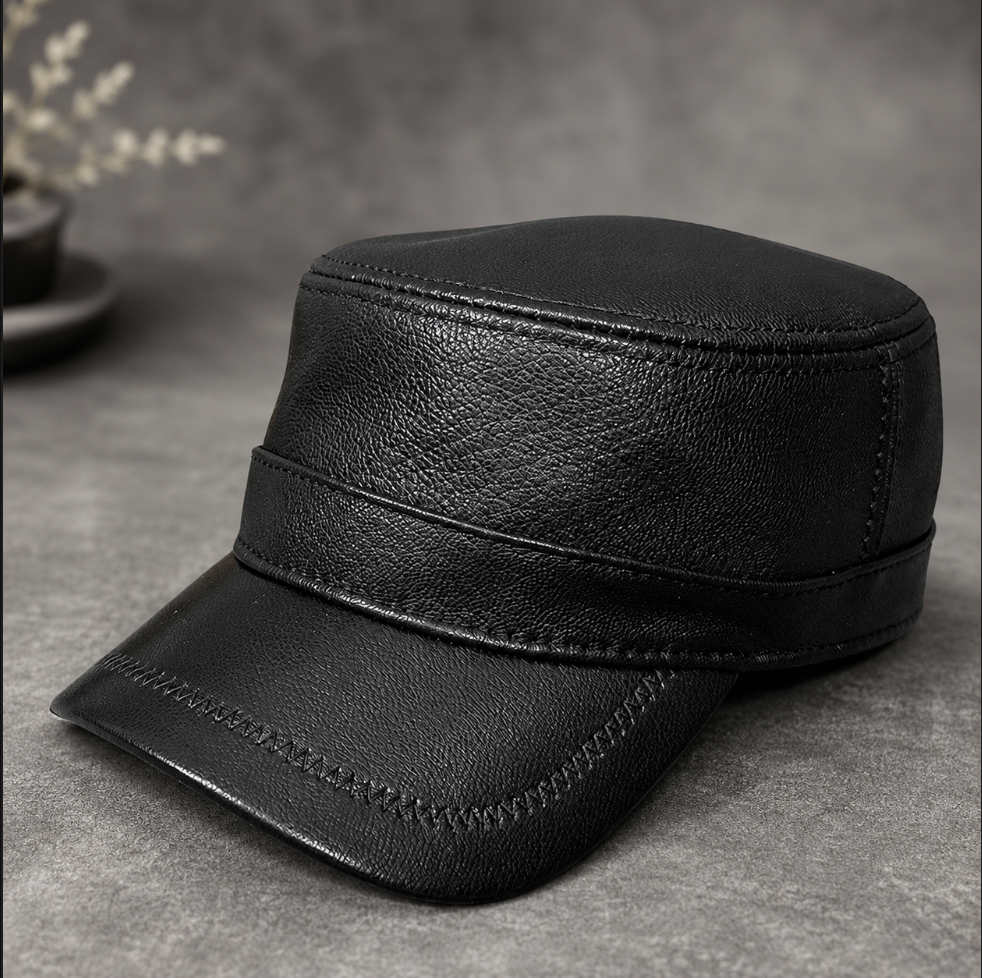 Genuine Sheepskin Leather Military Flat Top Cap