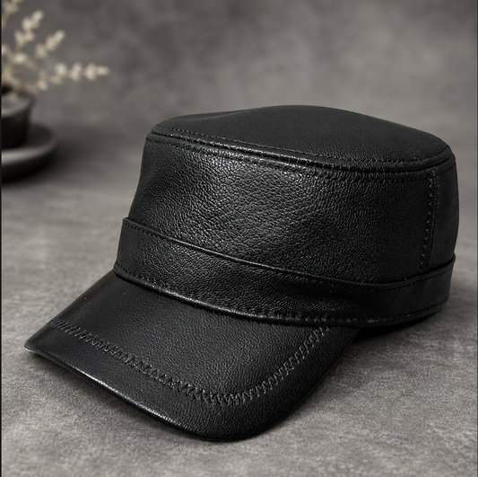 Genuine Sheepskin Leather Military Flat Top Cap