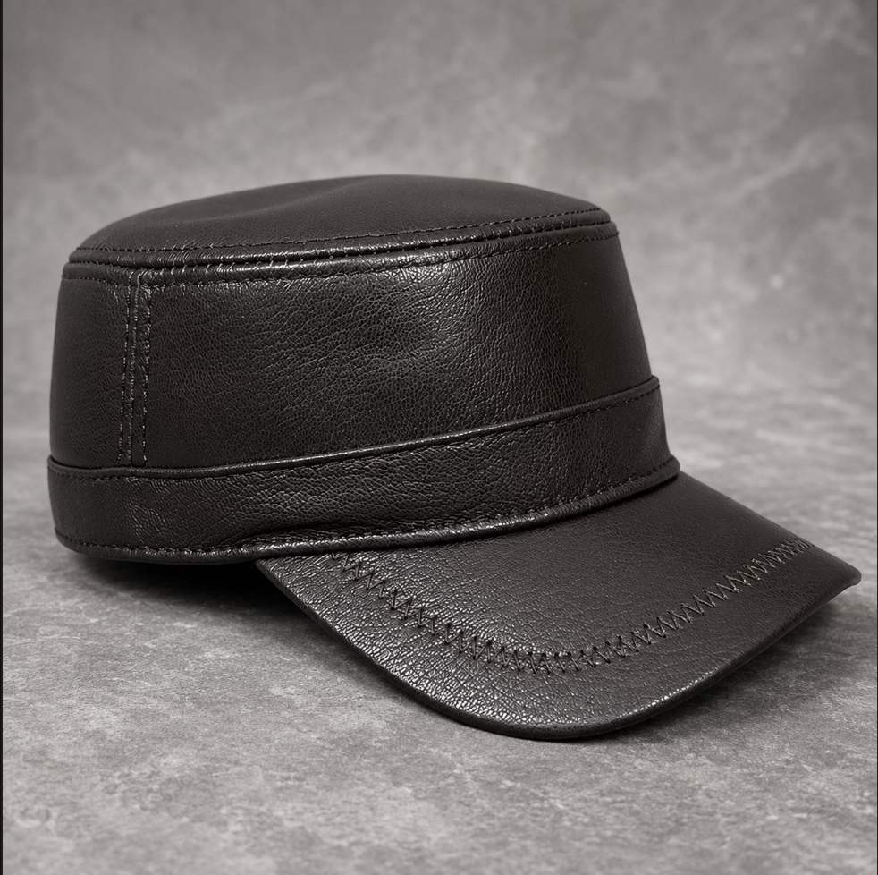 Genuine Sheepskin Leather Military Flat Top Cap