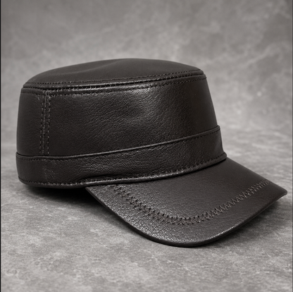 Genuine Sheepskin Leather Military Flat Top Cap