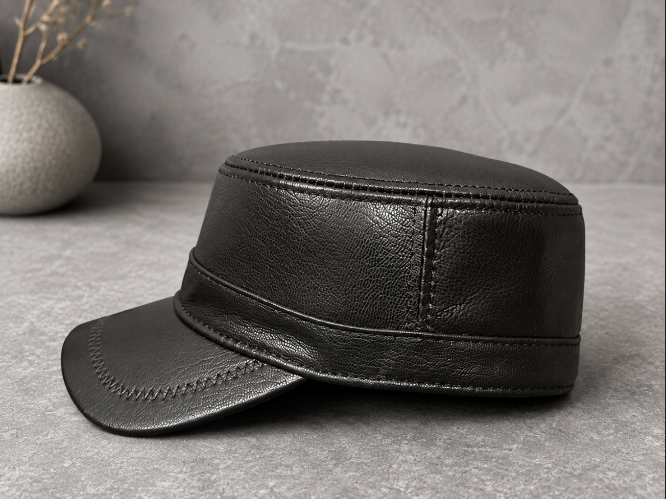 Genuine Sheepskin Leather Military Flat Top Cap