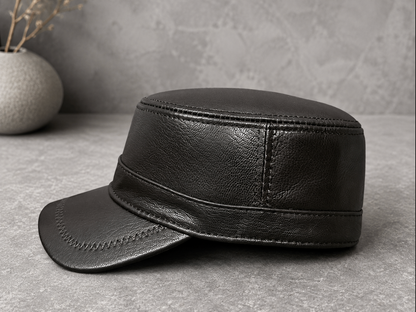 Genuine Sheepskin Leather Military Flat Top Cap