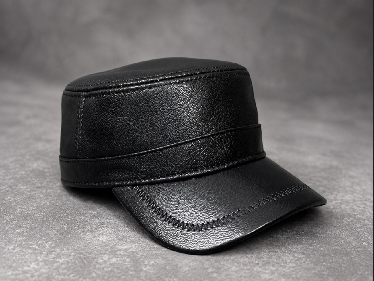 Genuine Sheepskin Leather Military Flat Top Cap