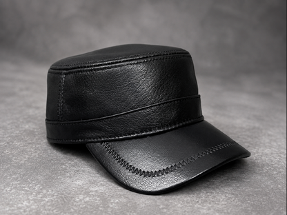 Genuine Sheepskin Leather Military Flat Top Cap