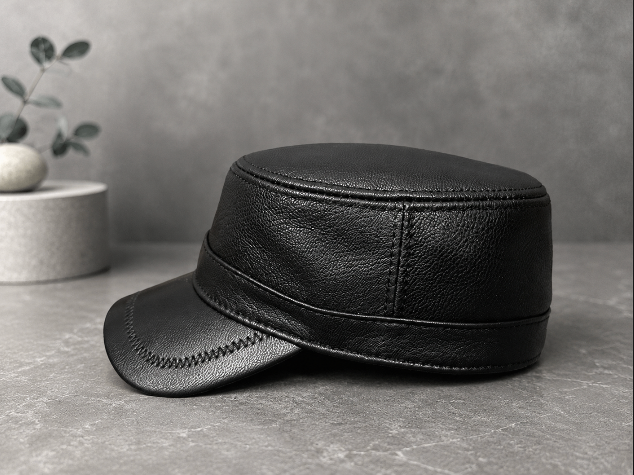 Genuine Sheepskin Leather Military Flat Top Cap