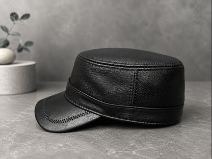 Genuine Sheepskin Leather Military Flat Top Cap