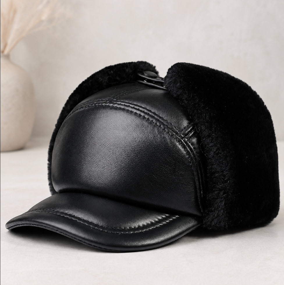 Men’s Genuine Cowhide Winter Cap with Ear Protectors