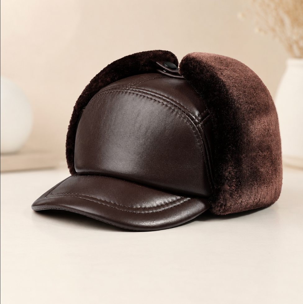 Men’s Genuine Cowhide Winter Cap with Ear Protectors