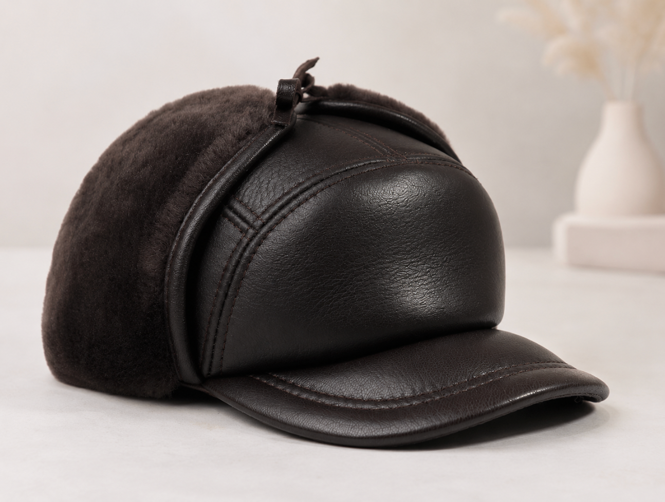 Men’s Genuine Sheepskin Winter Cap with Ear Flaps