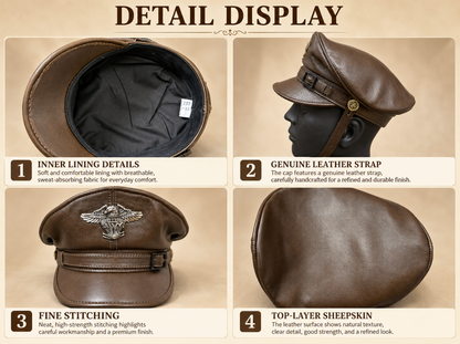 Men’s Genuine Leather Captain Cap with Eagle Emblem