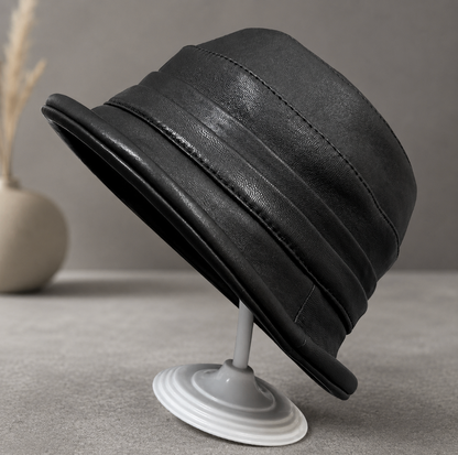 Women’s Genuine Sheepskin Leather Flat Top Bucket Hat