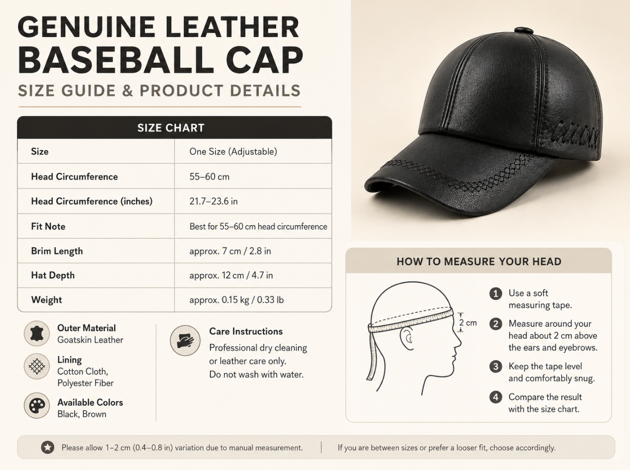 Men’s Genuine Leather Baseball Cap with Duckbill Brim