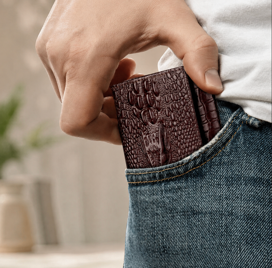 Genuine Cowhide Leather Trifold Wallet with ID Window