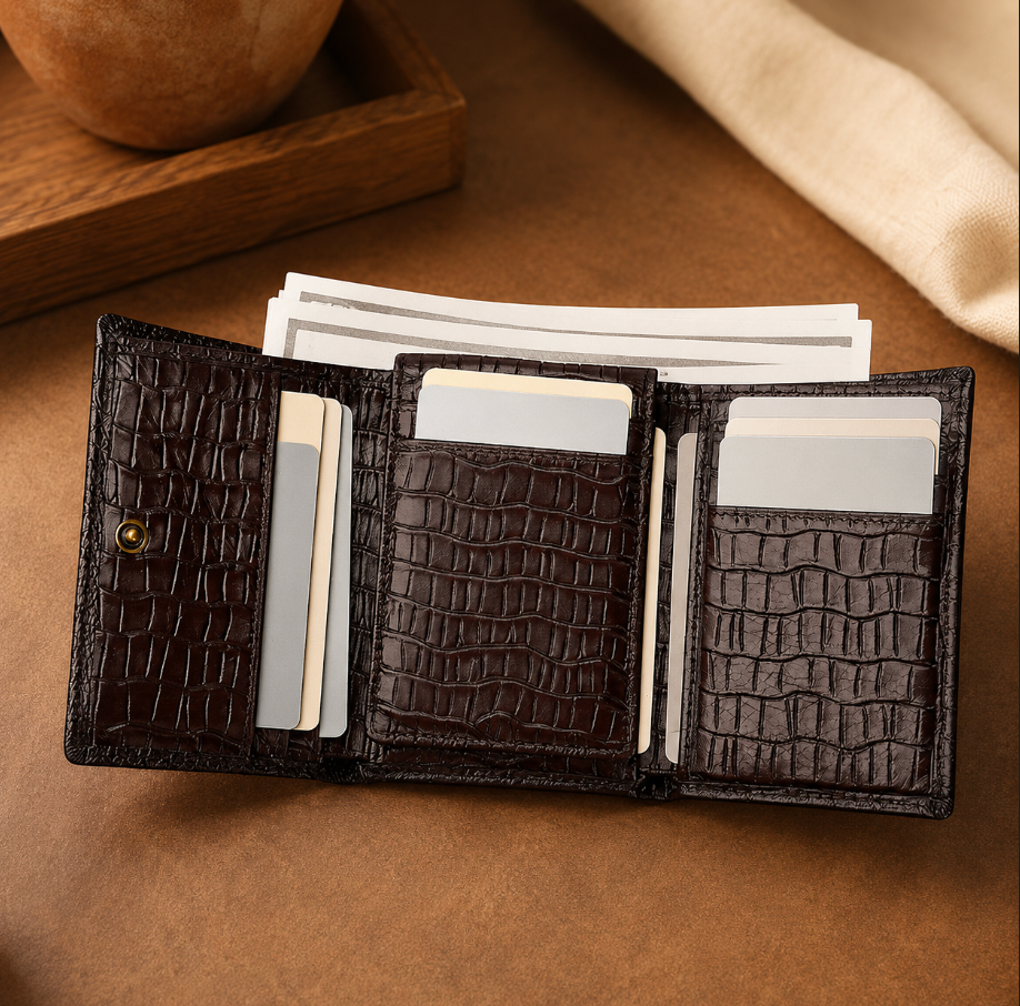 Genuine Cowhide Leather Trifold Wallet with ID Window
