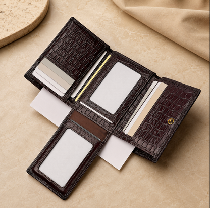 Genuine Cowhide Leather Trifold Wallet with ID Window