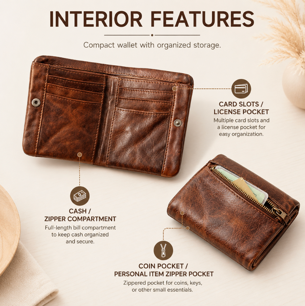 Men’s Genuine Leather Short Wallet with Coin Pocket