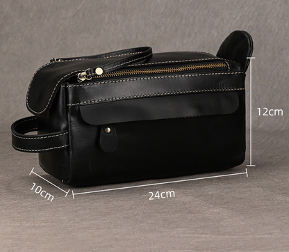 Men’s Genuine Leather Toiletry Bag with Handle and Front Pocket
