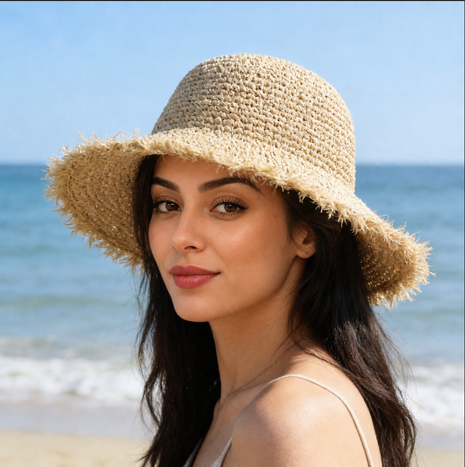 Women’s Handmade Straw Sun Hat with Frayed Edge