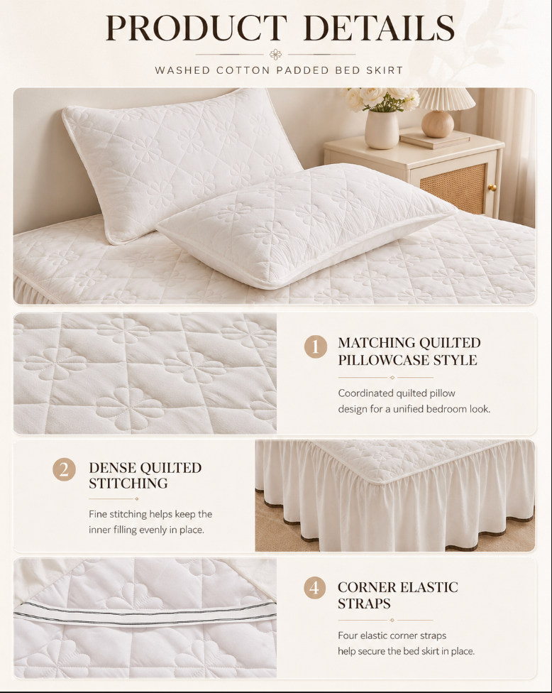 100% Cotton Quilted Bed Skirt with Padded Mattress Cover