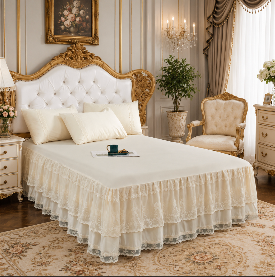 Lace Bedspread with Double Layer Embroidered Bed Skirt and Pillowcases