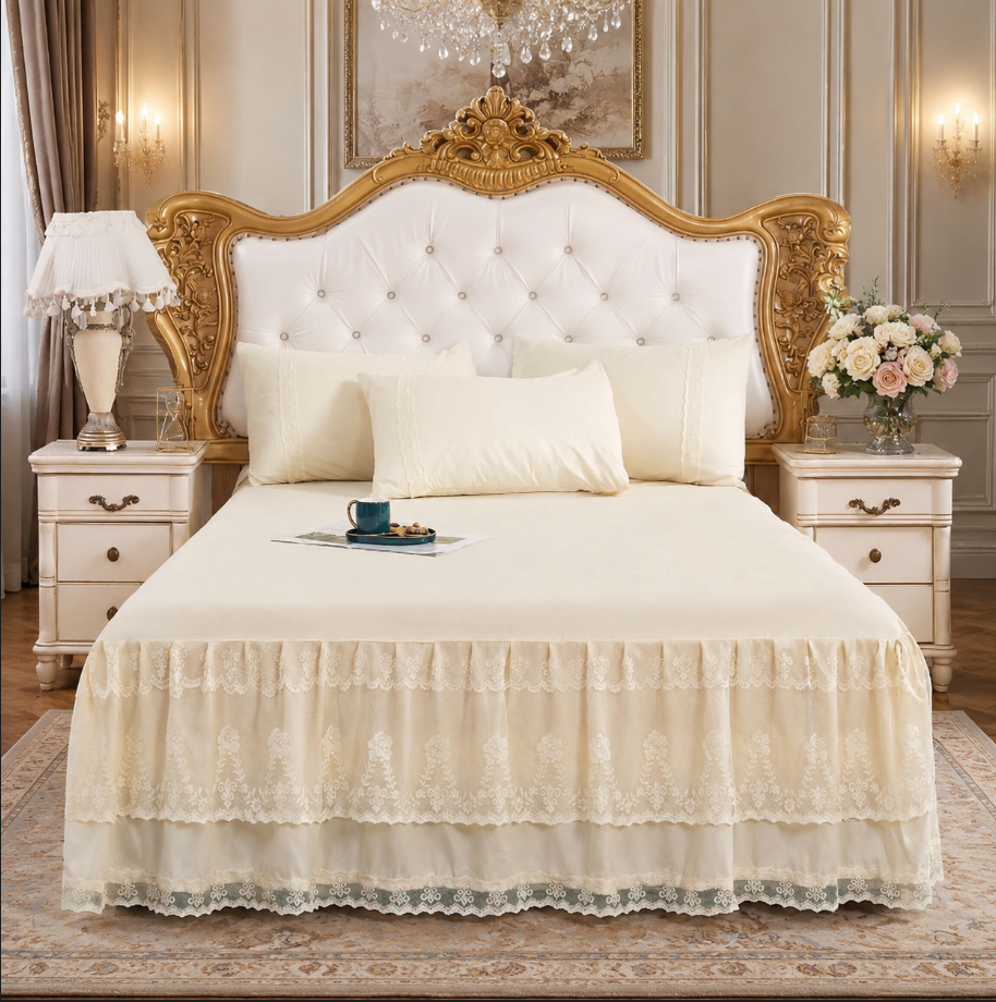 Lace Bedspread with Double Layer Embroidered Bed Skirt and Pillowcases